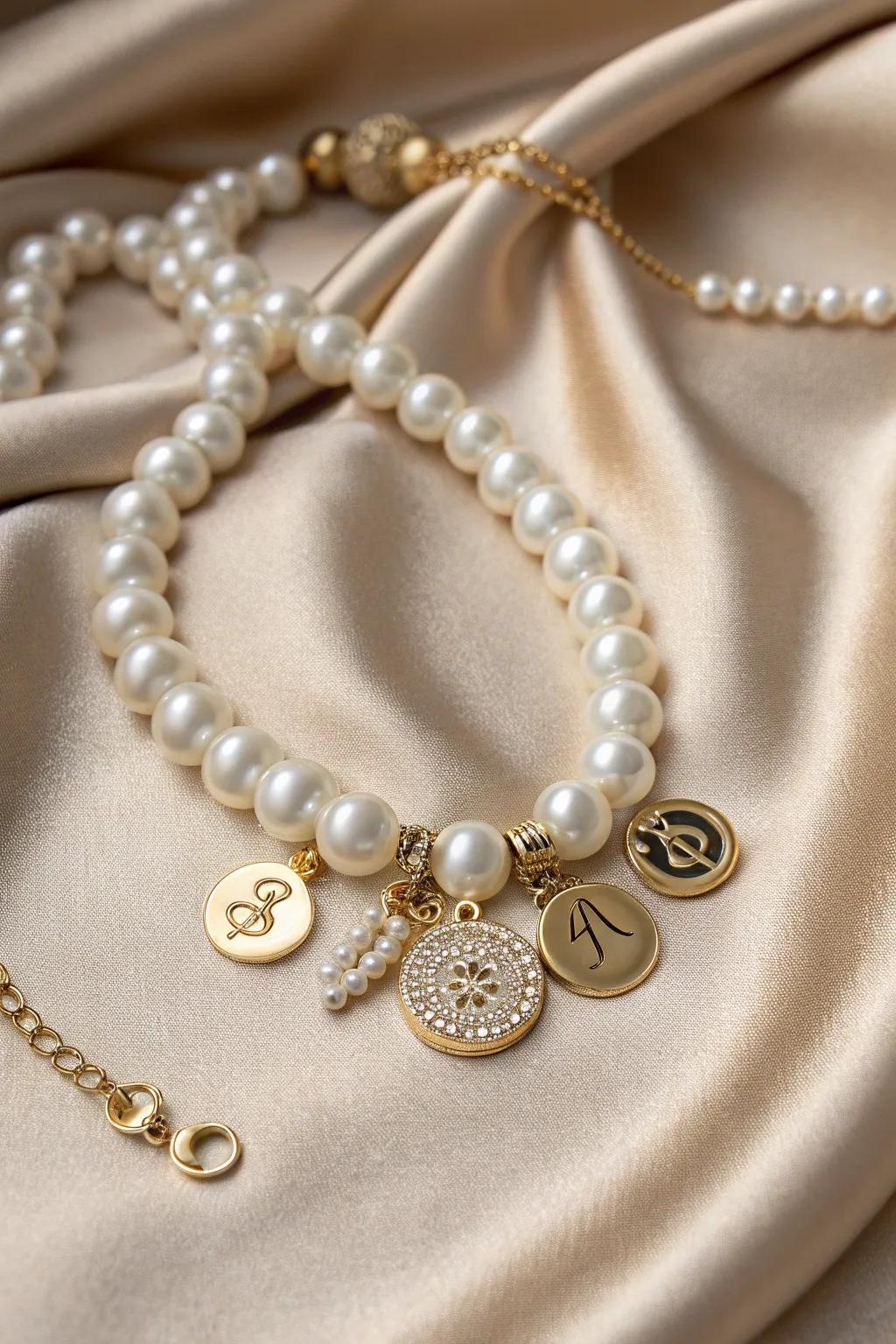An elegant pendant combining pearls and customized adornments.