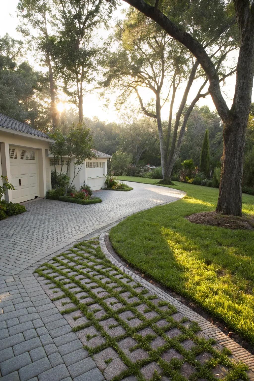 Porous pavers assure drainage and sustain a verdant aesthetic.