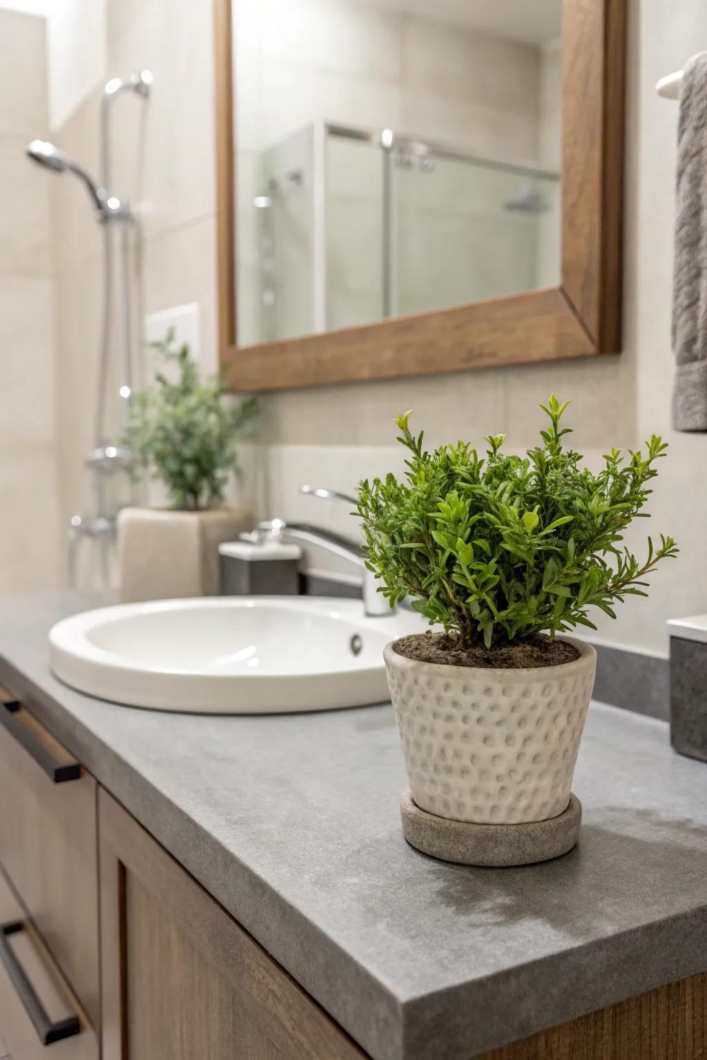 A dash of greenery infuses vitality to this ash and ivory environment.