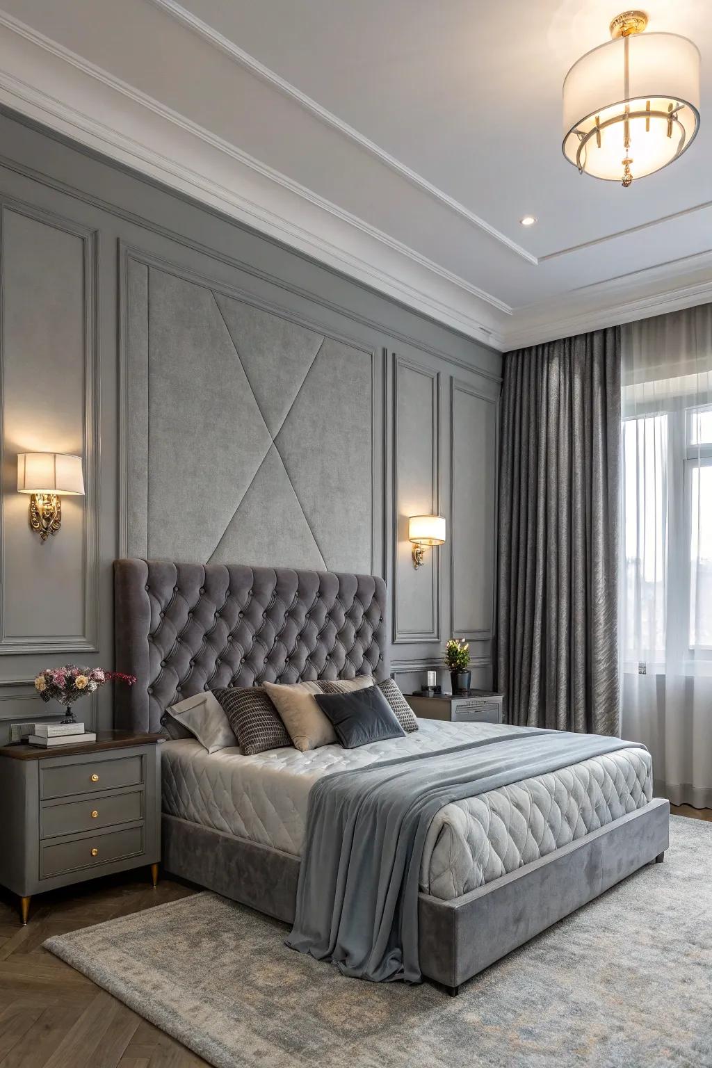 A sophisticated gray bedroom featuring deluxe velvet.