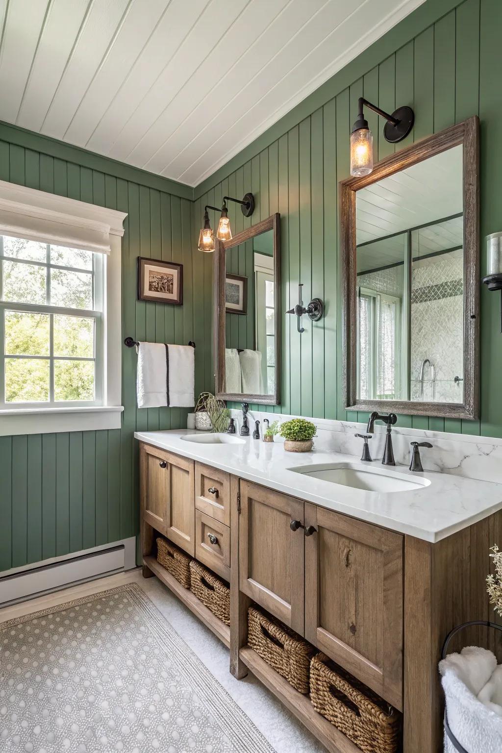 A modern farmhouse lavatory featuring chic panache.