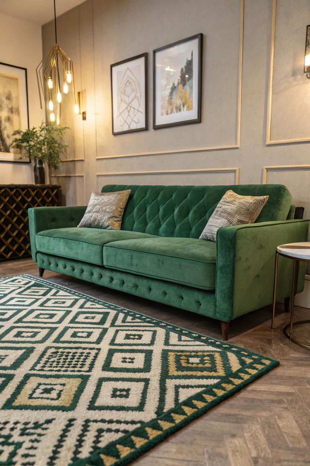 A modern lounge featuring a green velvet couch and geometric patterns.
