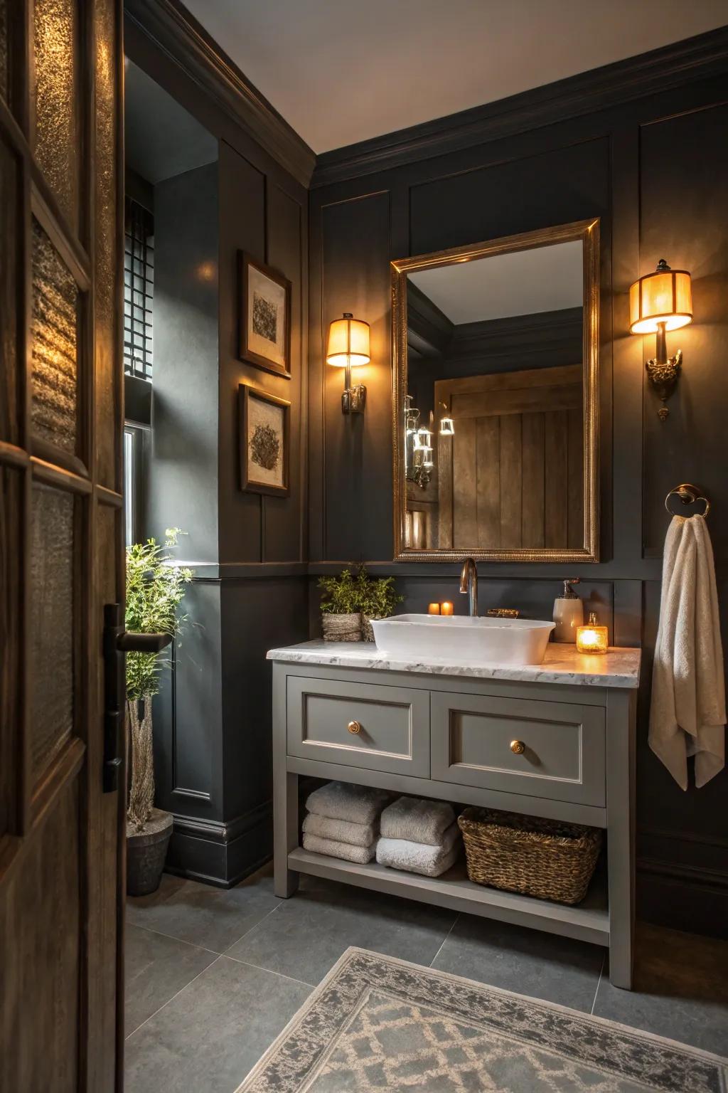 Ebony grey walls make a striking expression in this stylish bathroom.