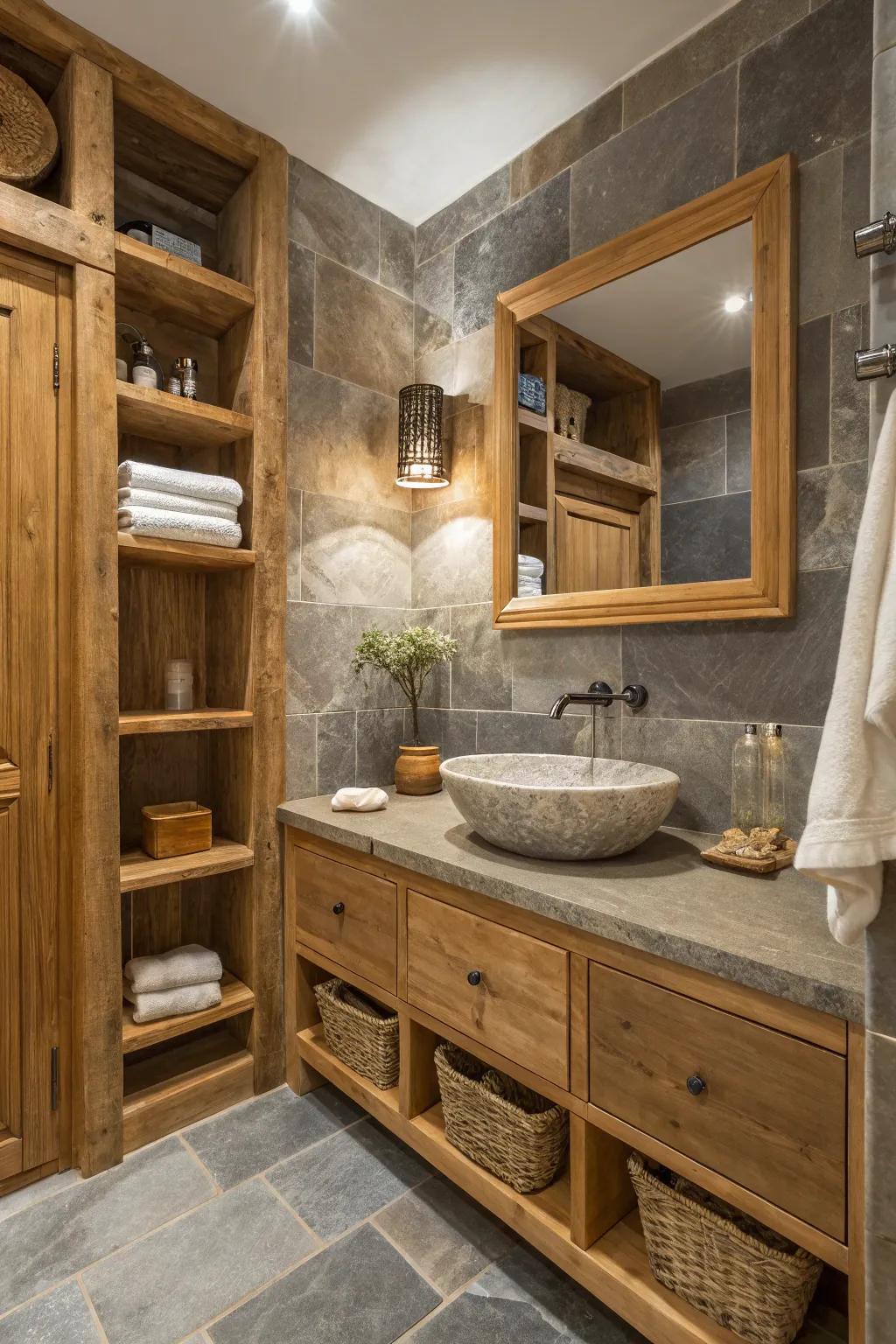 Pebble grey partitions usher in a modern unrefined allure to this naturally stimulated lavatory.