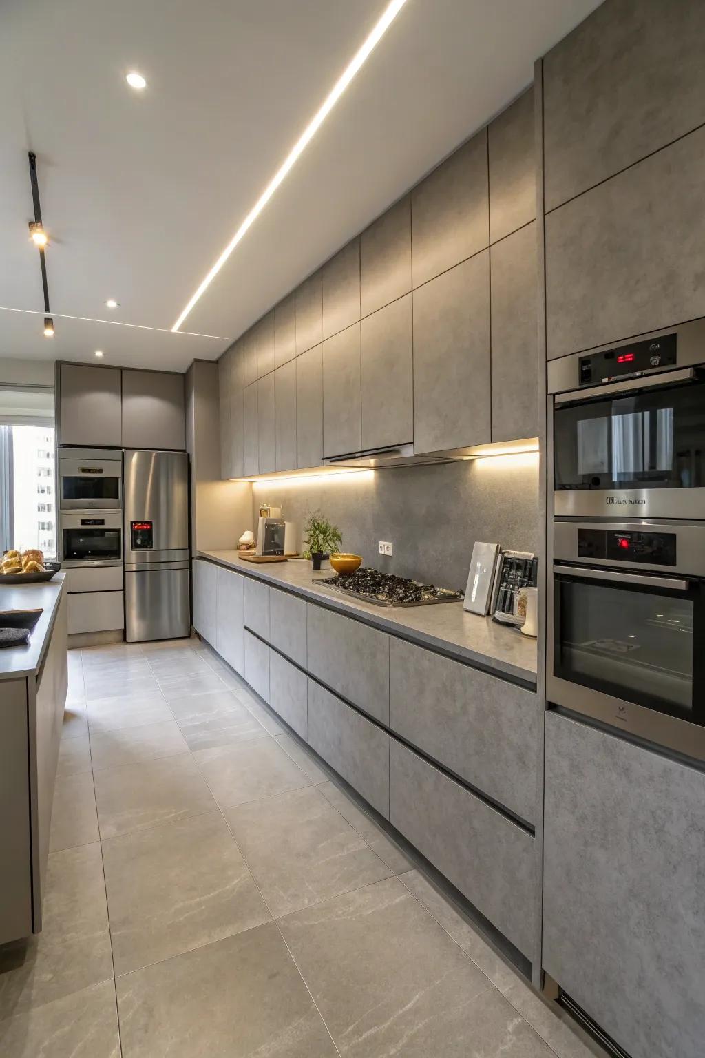 A kitchen showcasing seamlessly assimilated appliances and grey countertops.