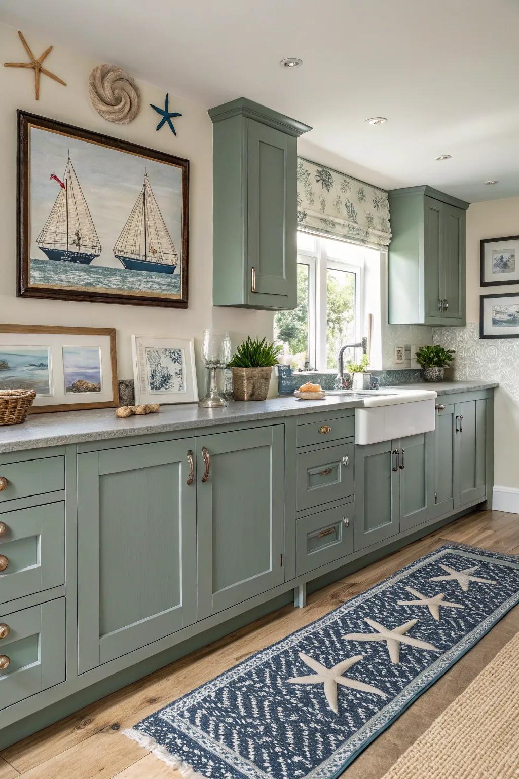 Coastal embellishments impart a maritime influence to grey-green cabinets.
