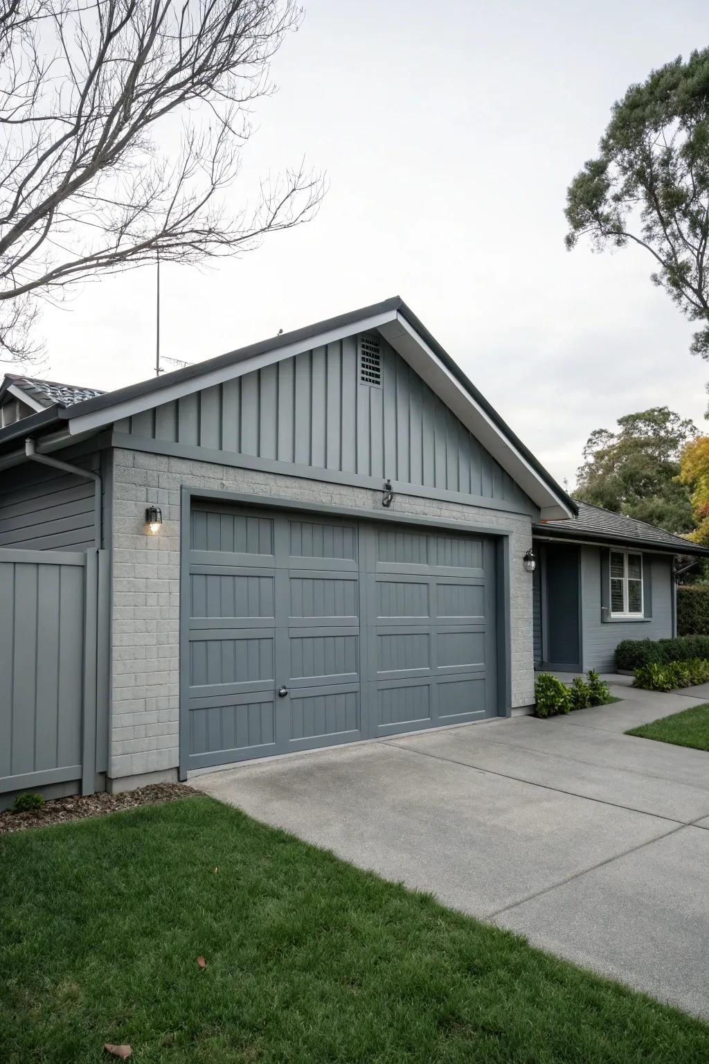 Seamless integration achieved through a grey garage metamorphosis.