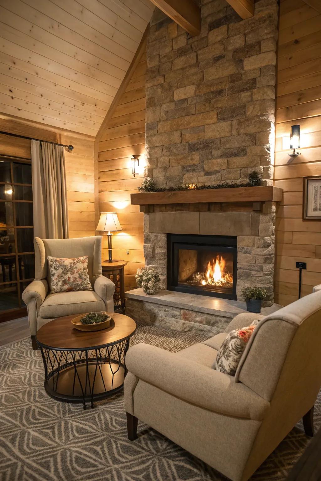 A guest house with a welcoming fireplace, ideal for cozy evenings.