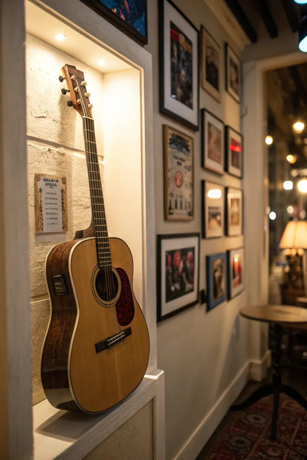 Guitar exhibited in a cozy recessed space.