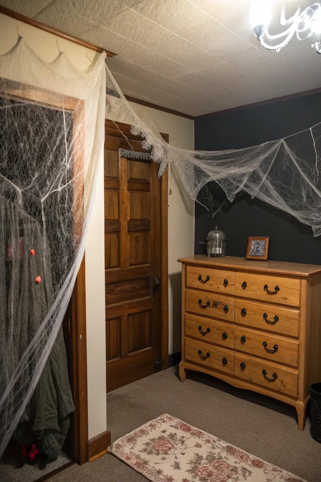 Cobwebs inject a traditional haunted element into your Halloween décor.