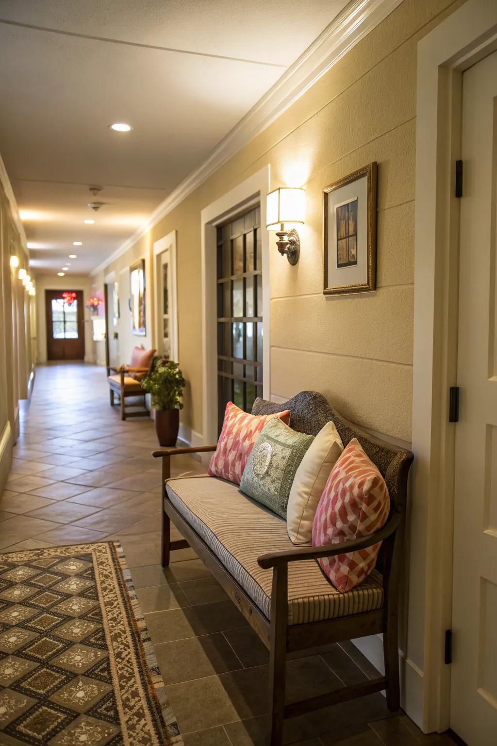 A seating arrangement renders your hallway inviting and pragmatic.