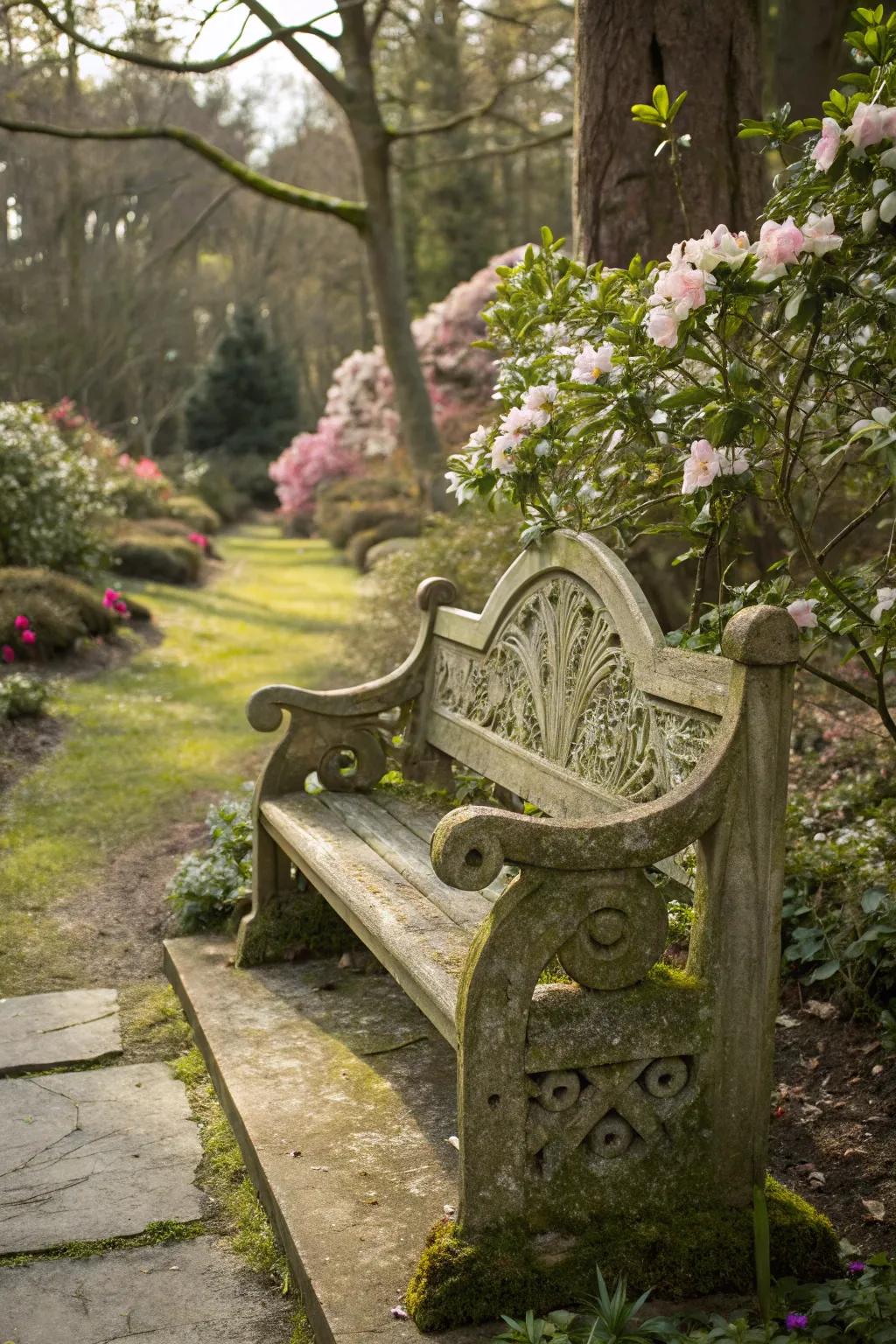 Artistic seats infuse both utility and beauty into gardens.
