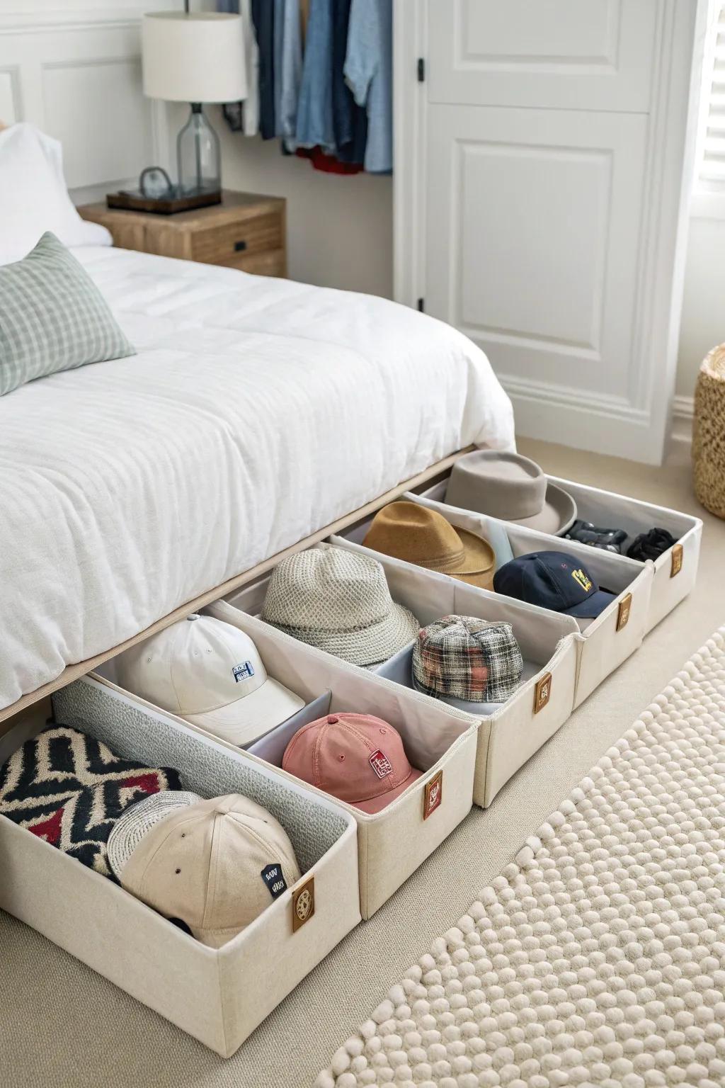 Subjacent storage for hats.