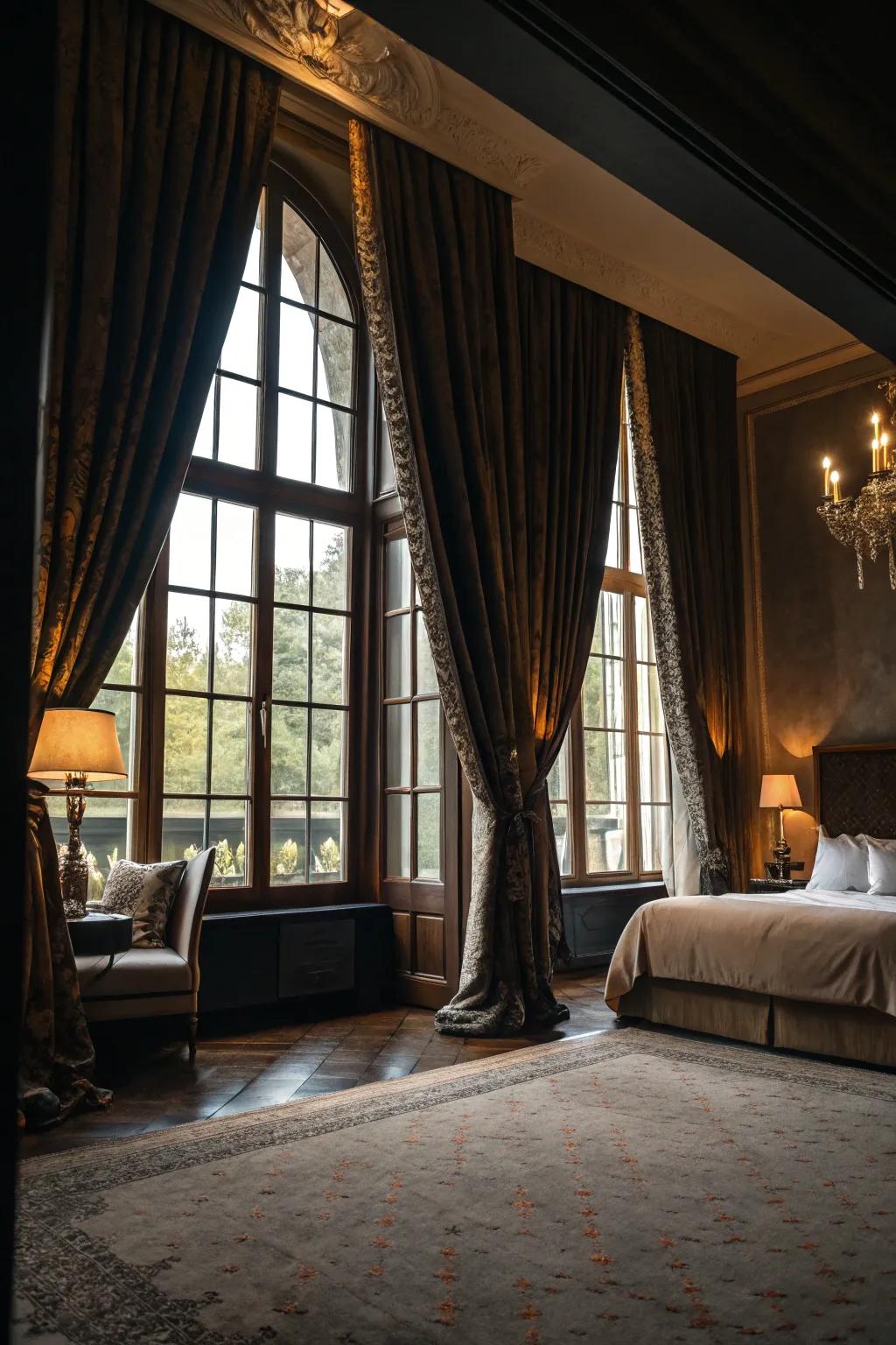 Hefty hangings lend theatrics and regulate the ambiance.