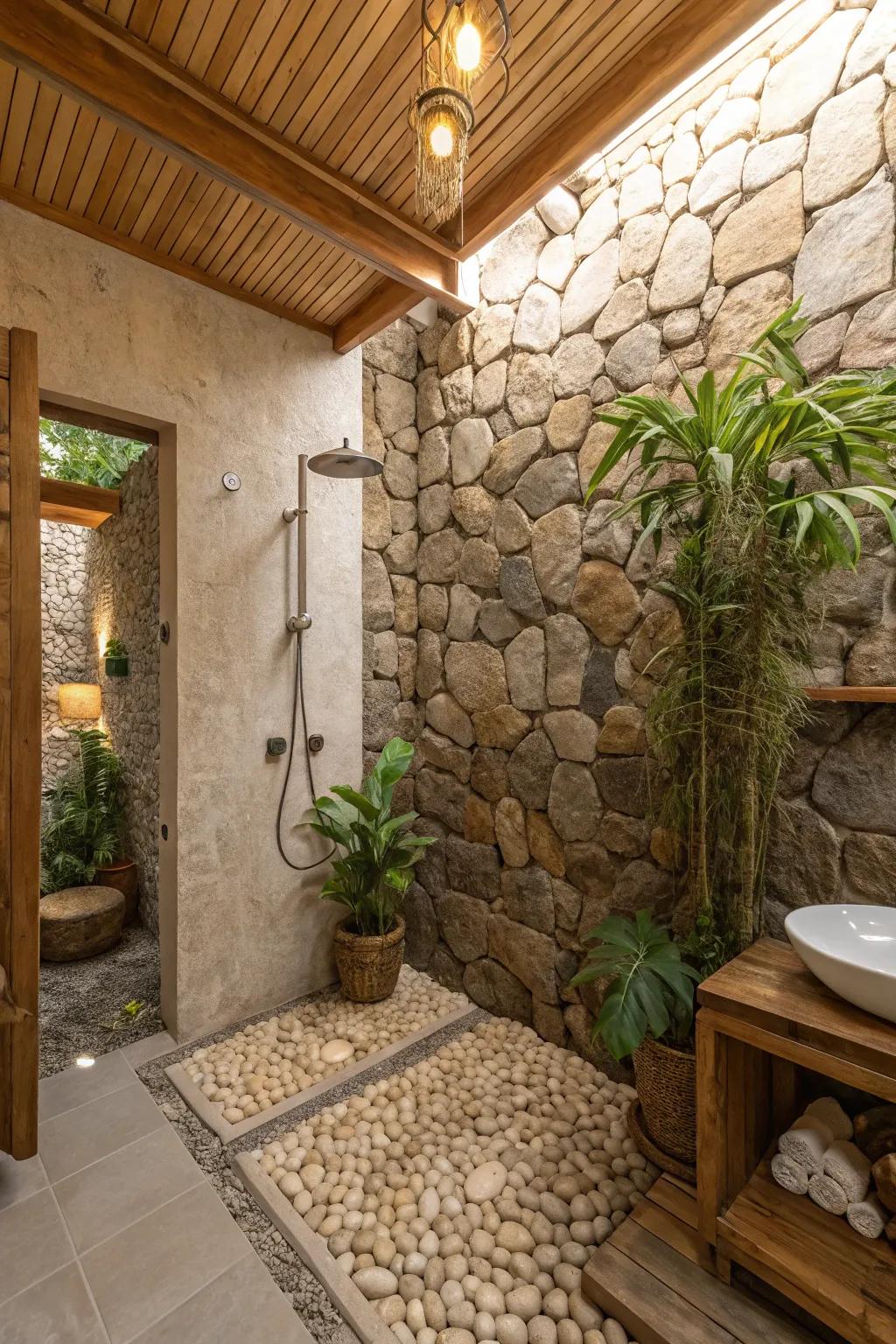 Stone textures fashion a natural harmony in concealed shower spaces.