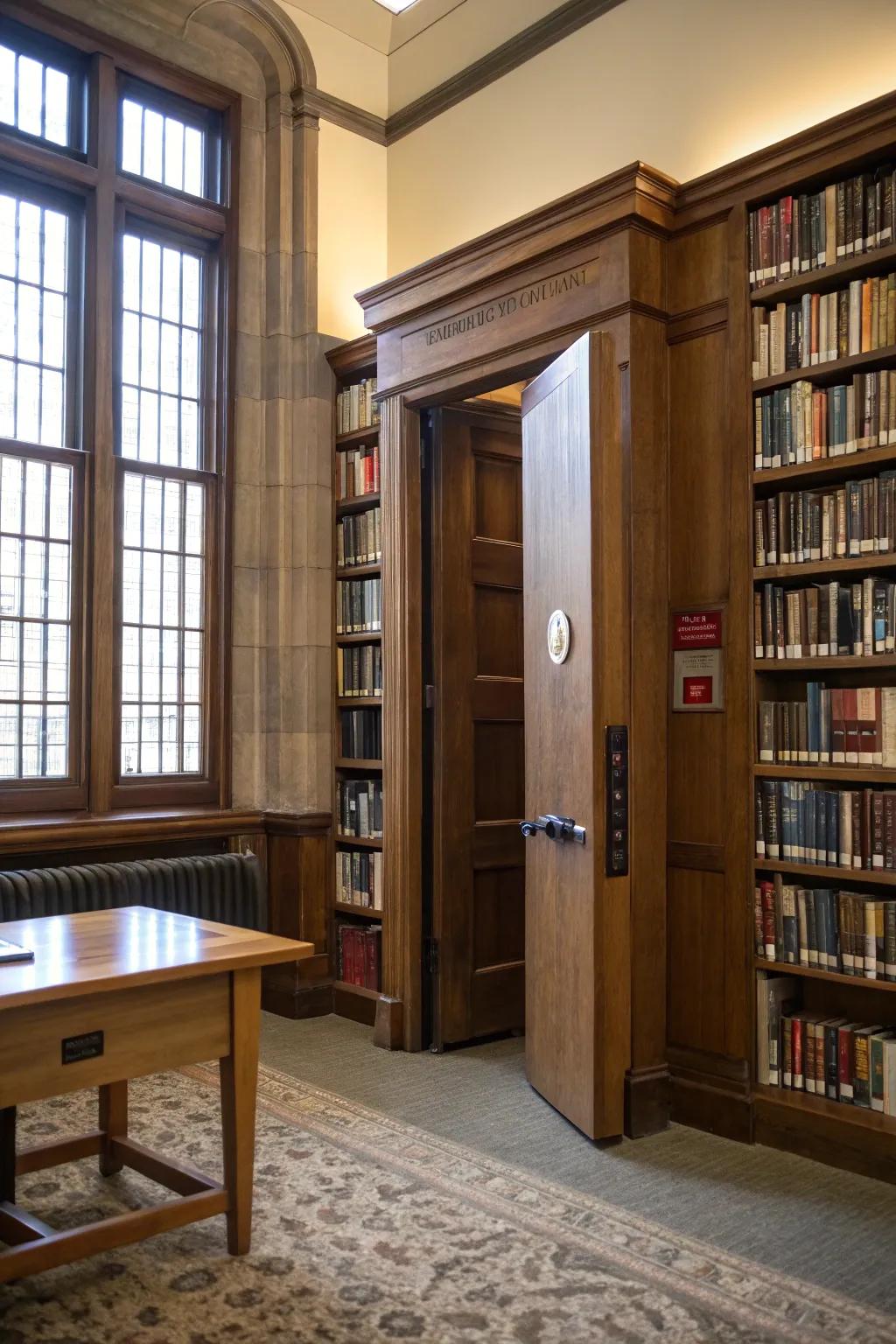 A bookcase door cleverly hides a utility area.
