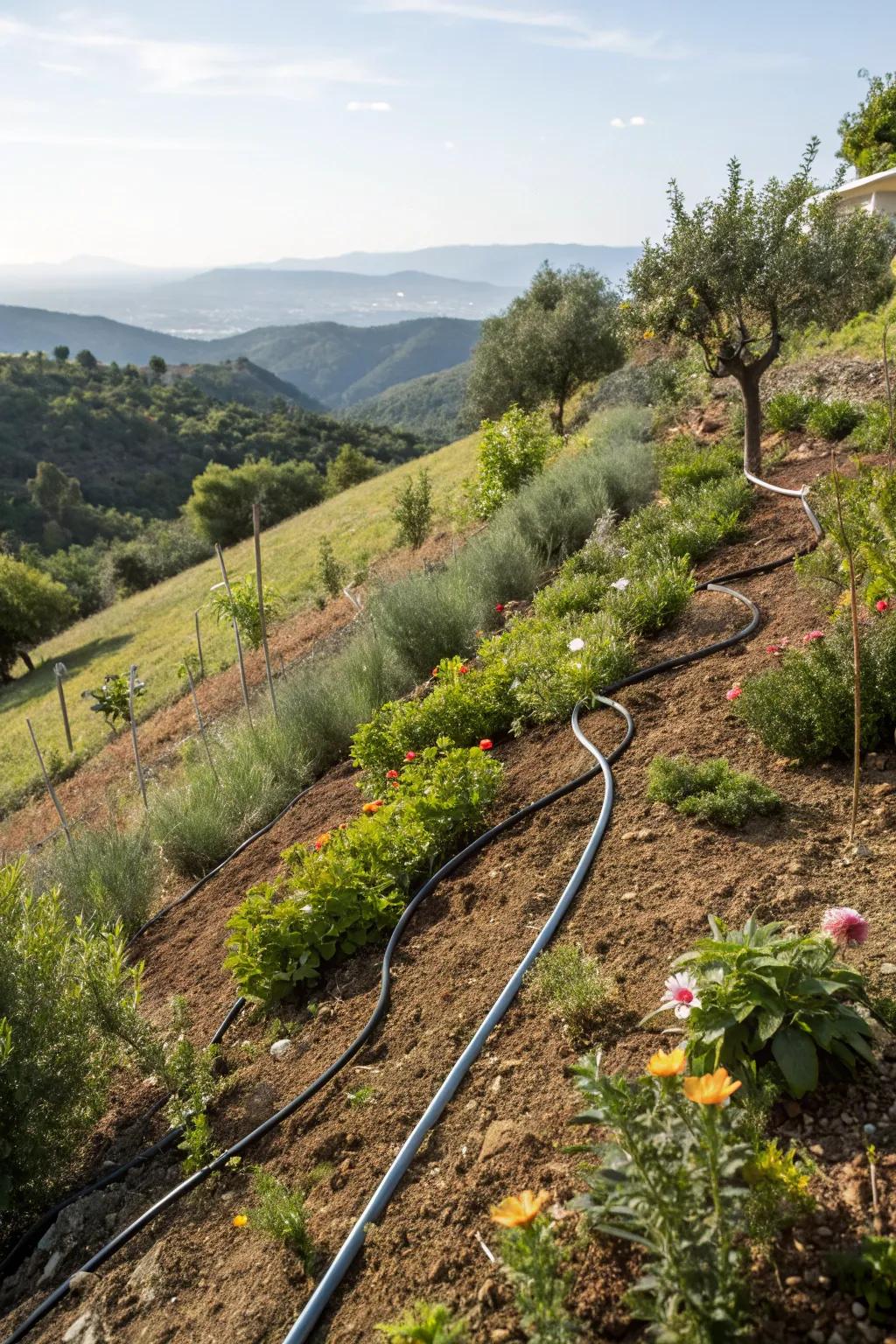 Hillside gardens are effectively watered by drip irrigation systems, which also conserve water.