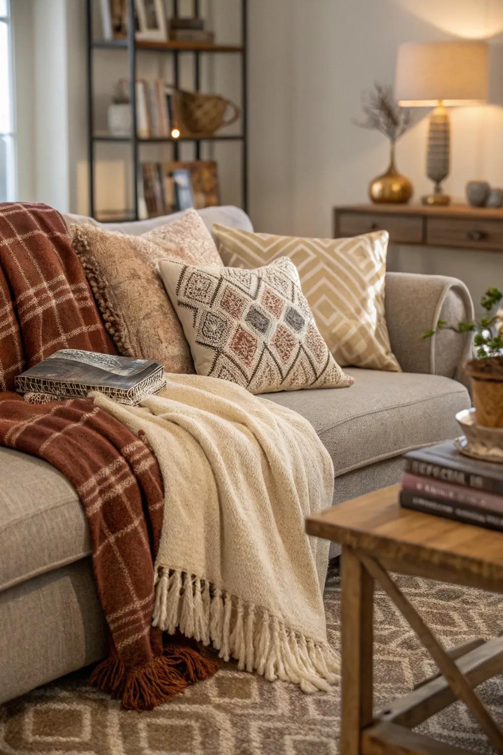 Layered fabrics inject warmth and dimension to the decor.