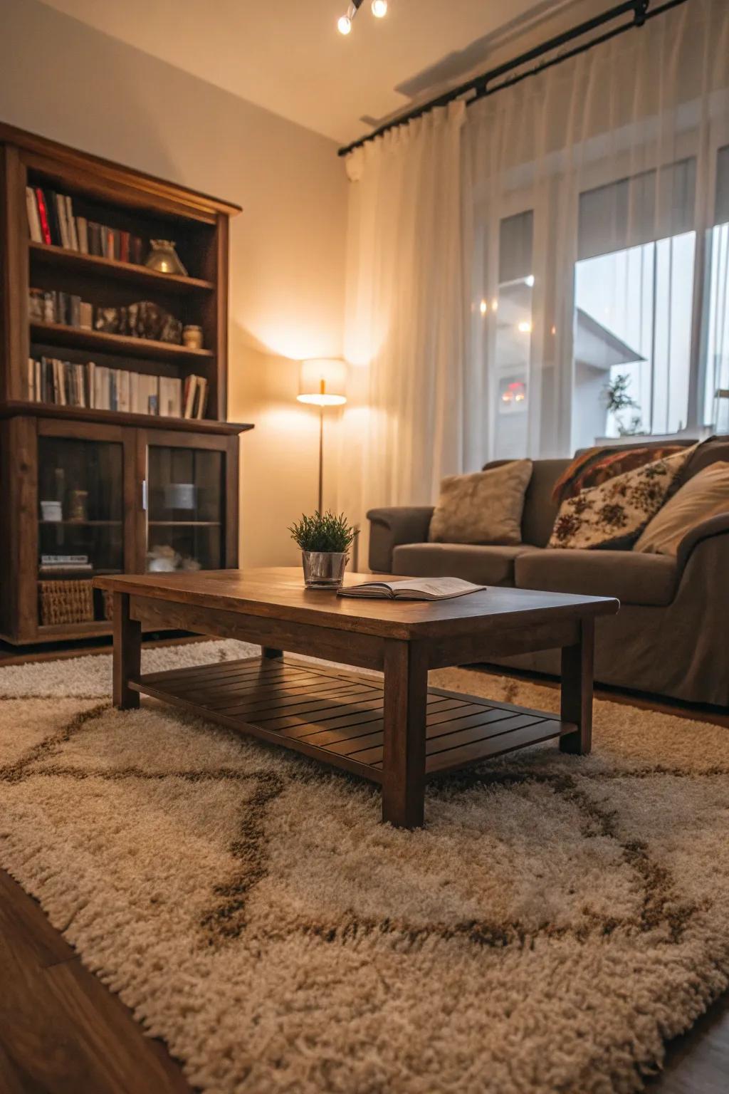 A plush textured floor covering that adds warmth and style to the living room.