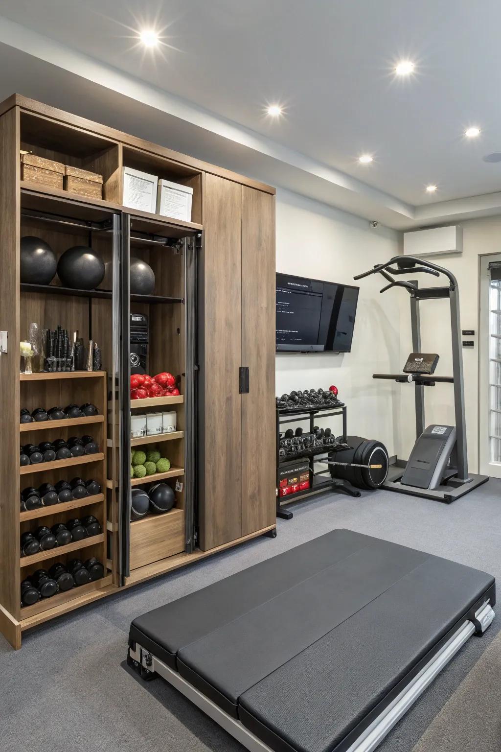 Concealed storage helps maintain a tidy and clutter-free gym environment.