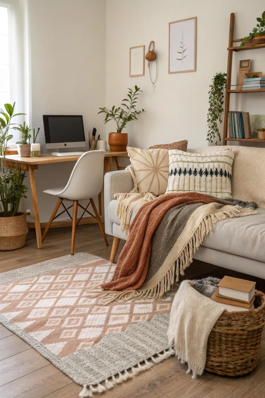 Layering textiles supplements warmth and ease to your workspace.