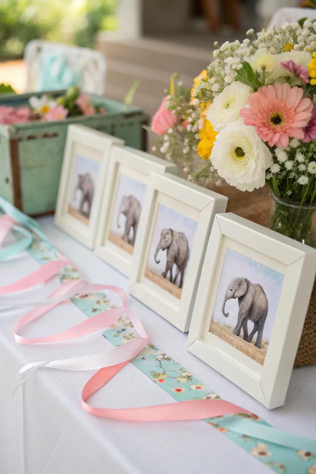 Sentimental centerpiece featuring elephant-themed frames.