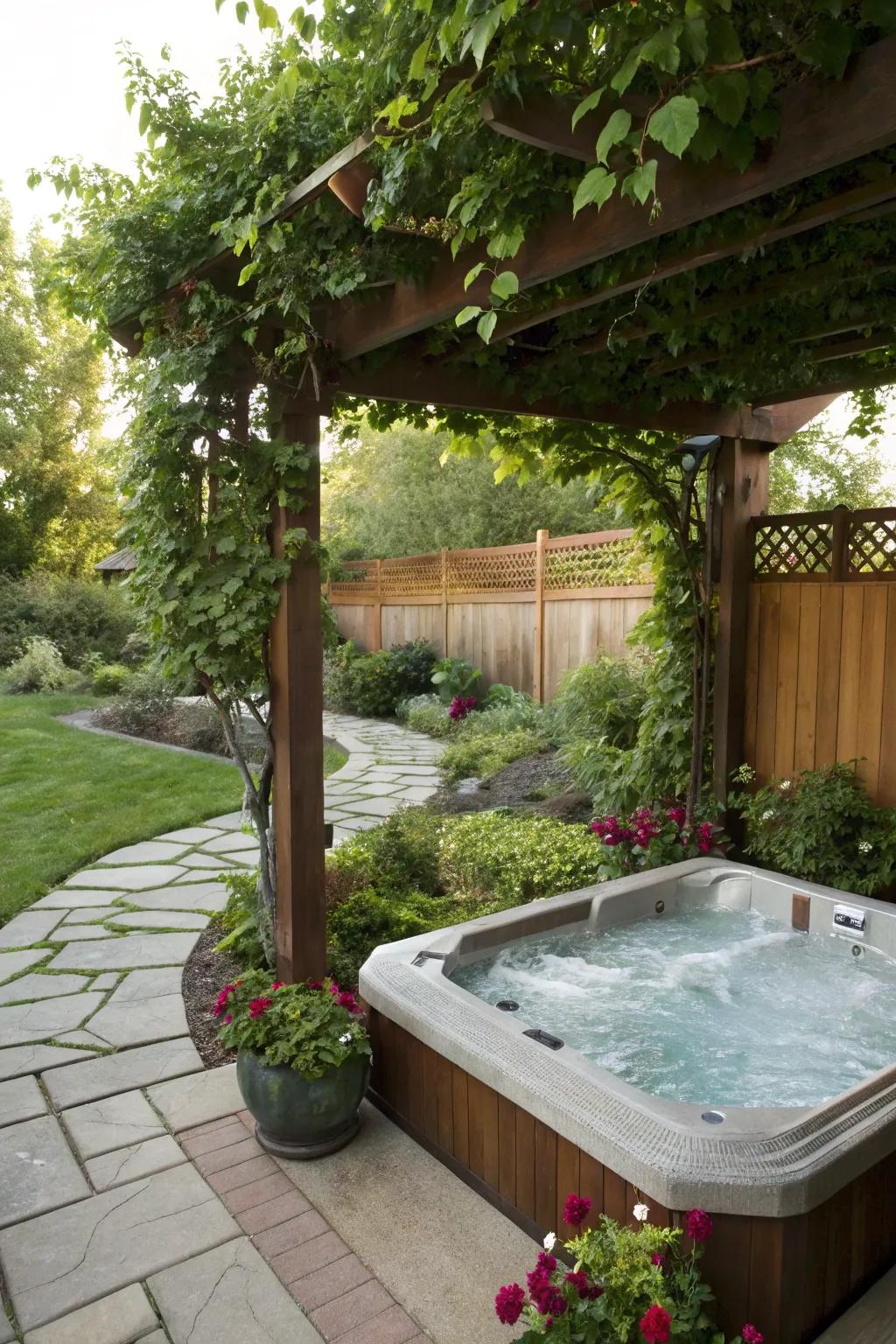 A spa beneath an arbor for augmented style and shade.