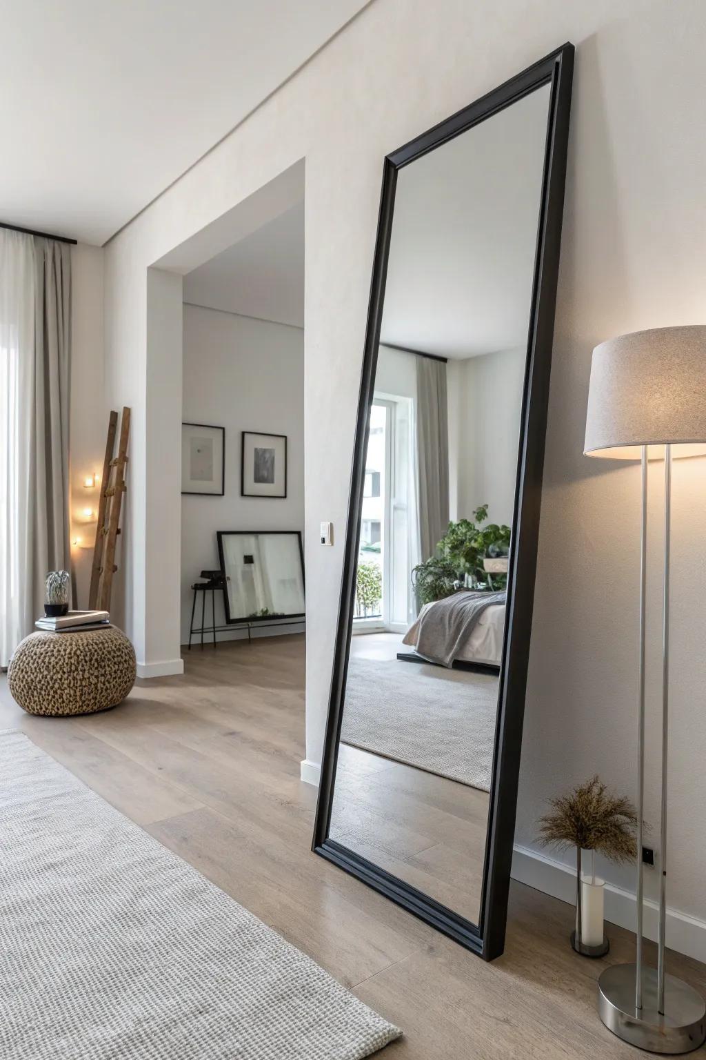 A minimalist mirror infuses composure and refinement into any expanse.