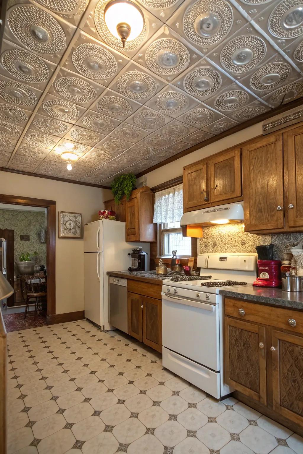 A vintage-style galley featuring ornamental metallic overhead plane sections.