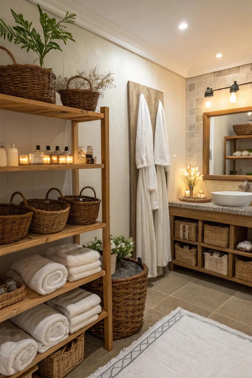 Baskets in lavatories conjure an coordinated, spa-reminiscent vibe.