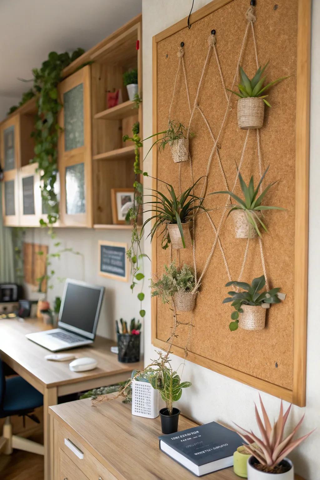 A cork surface showcasing air plants for an inventive presentation.