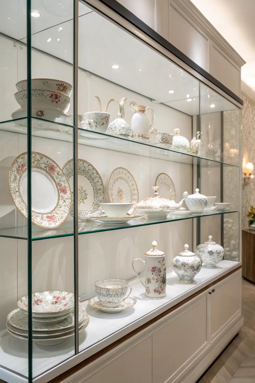 Contemporary glass wall shelves elegantly exhibiting a selection of china.