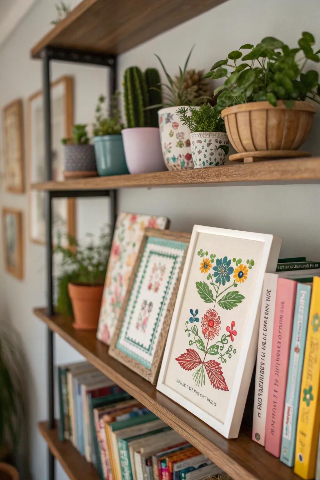 Shelves evolve into art displays showcasing cross stitch