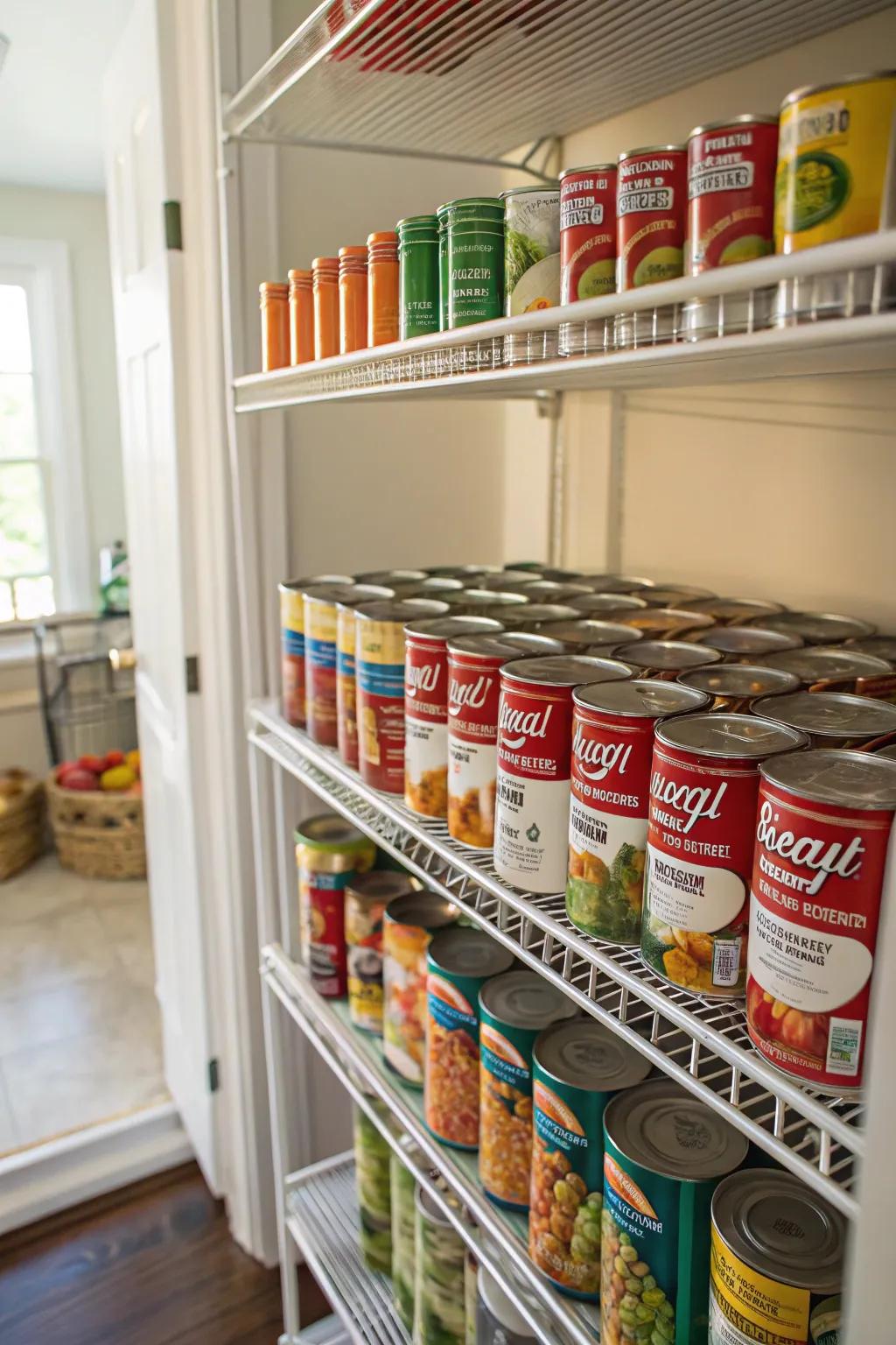 A canned goods rack efficiently arranges soup and vegetable cans.