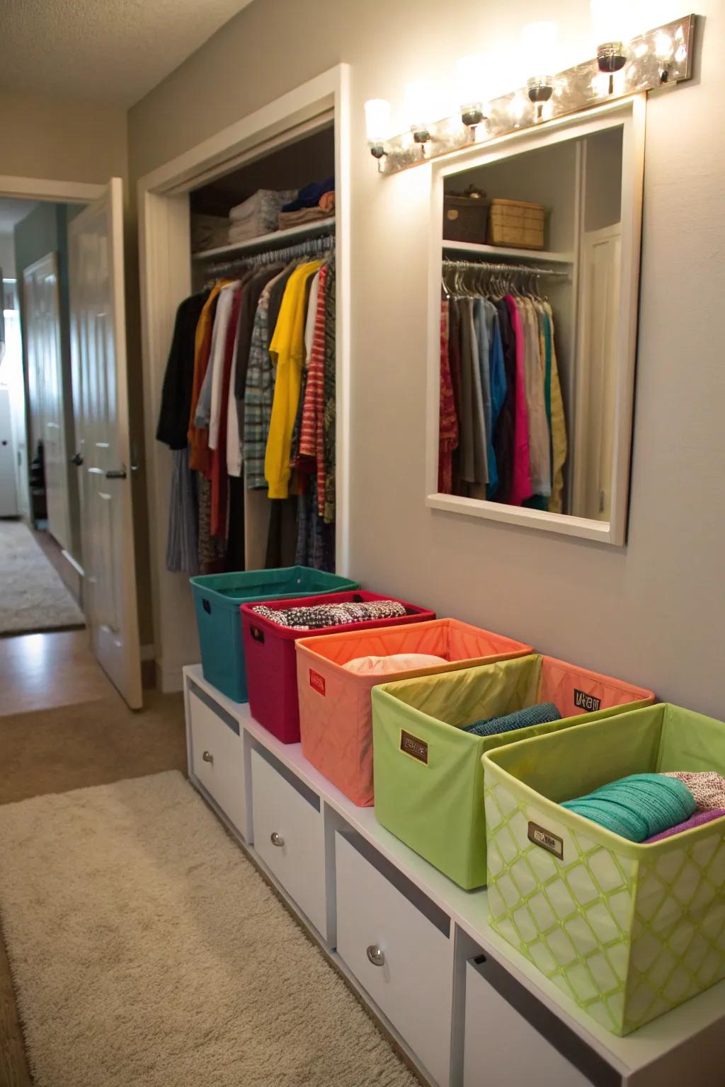 Fabric bins sustaining impeccable storage areas.
