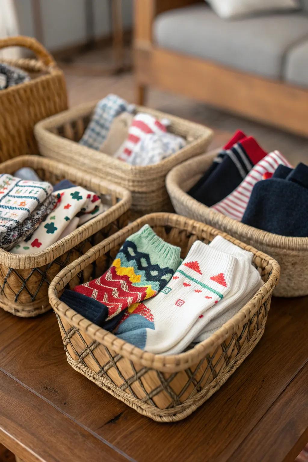 Small baskets maintain organized sock drawers by function.