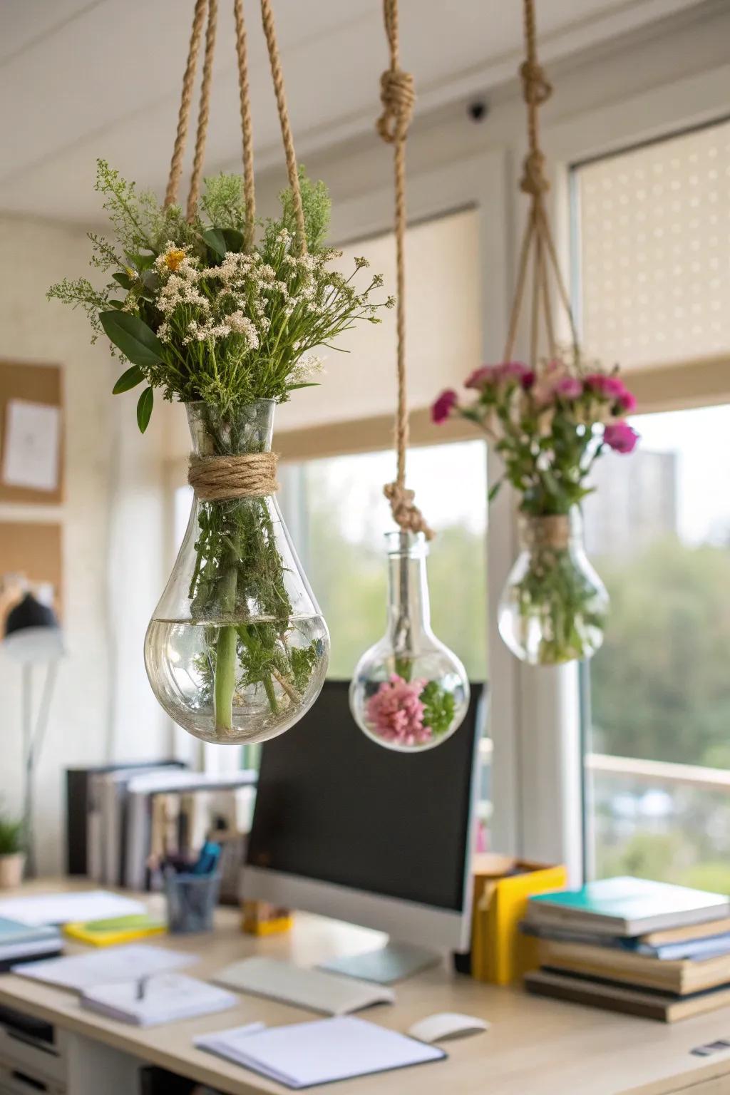 Suspended vases giving rise to a vertical garden impression inside a study.