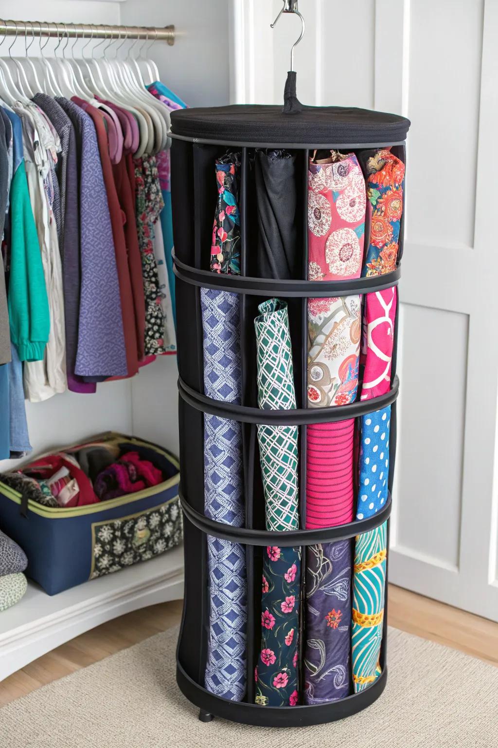 A rotating organizer dramatically improves leggings storage capabilities in compact spaces.