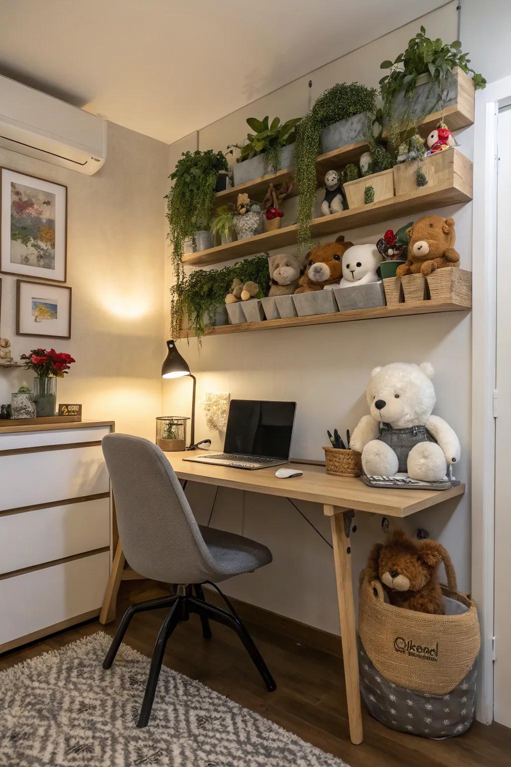 Wall planters provide an imaginative display for stuffed animals.