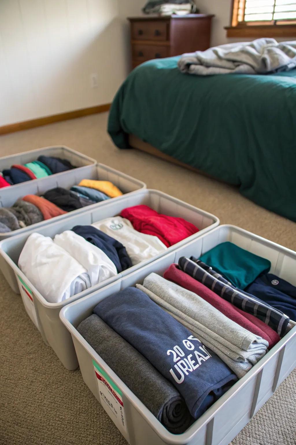 Under-bed storage keeps off-season sweatshirts neatly tucked away.