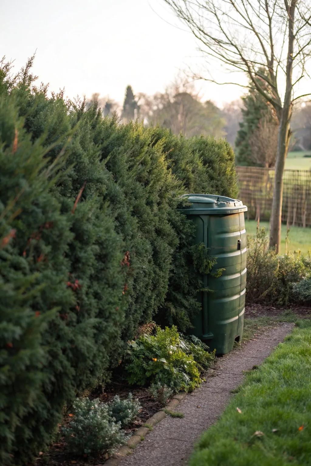A compost bin cleverly camouflaged behind lush evergreen shrubs.