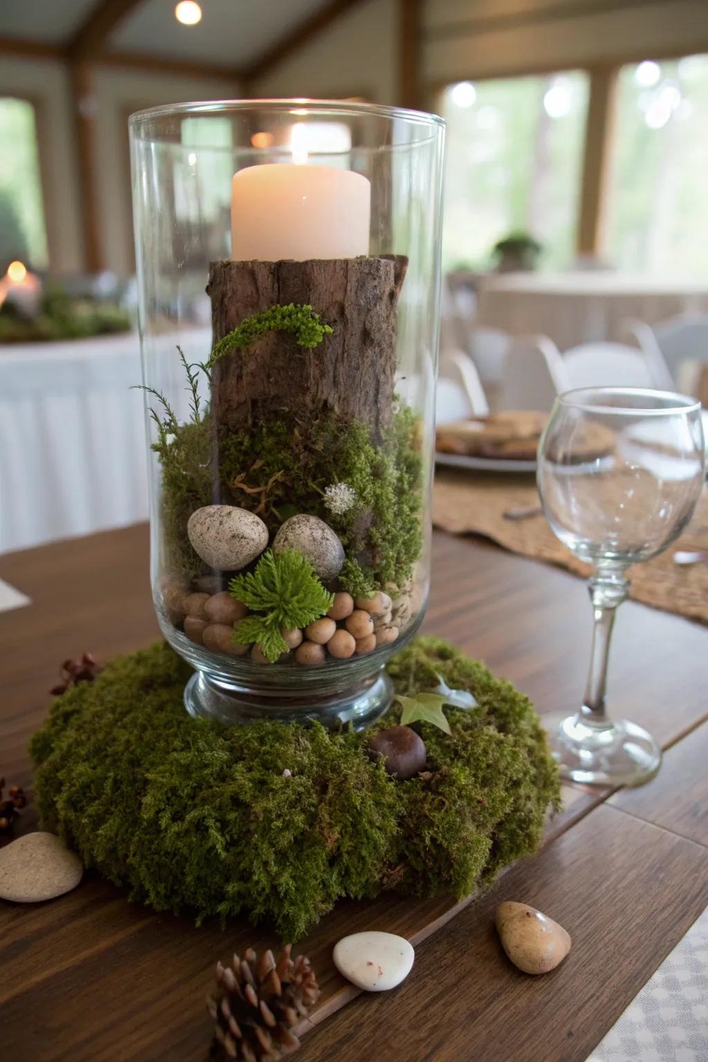 A miniature terrarium encapsulated inside a hurricane vase, which brings a dash of woodland whimsy.