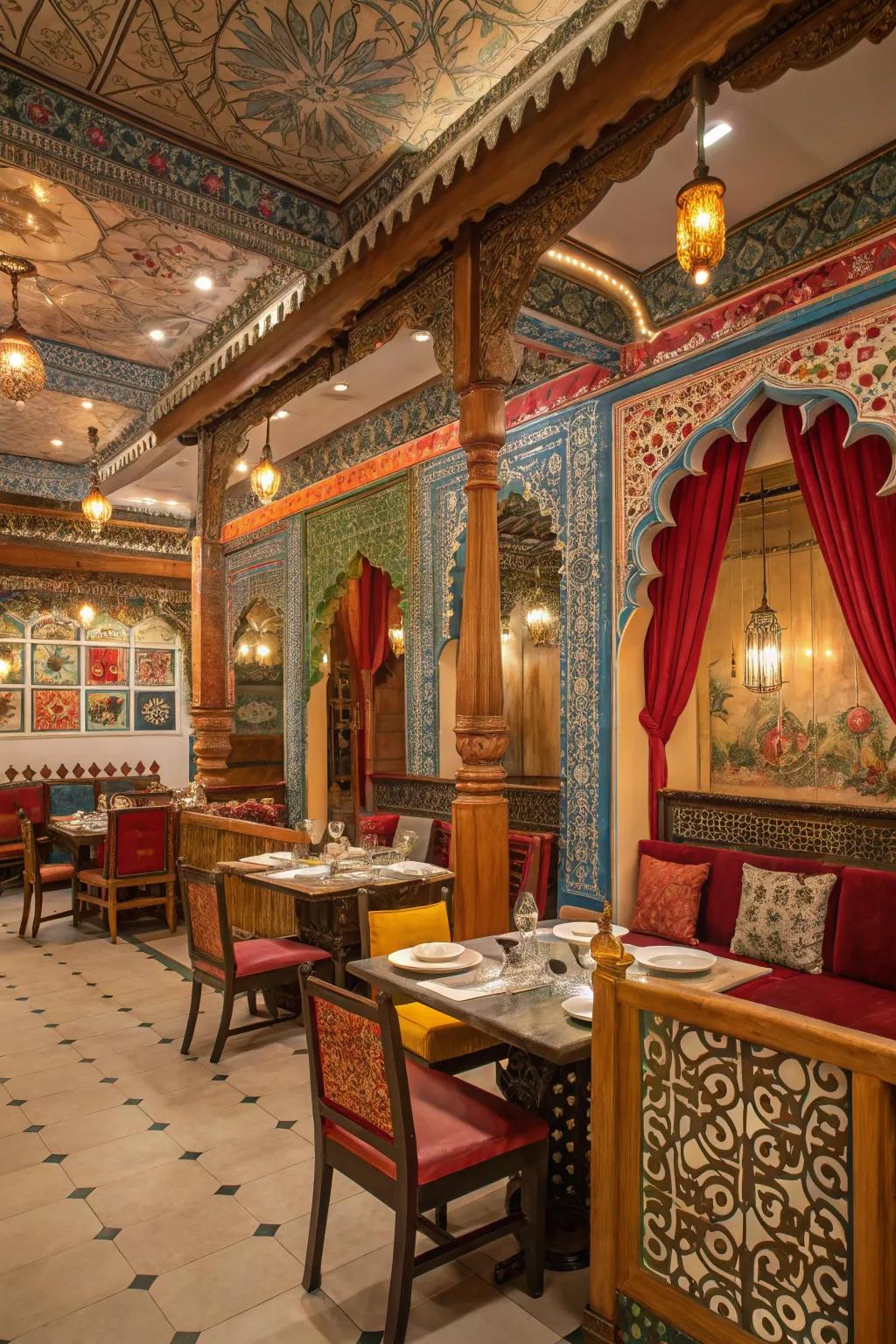Cultural design elements are thoughtfully integrated into the decor of an Indian restaurant.