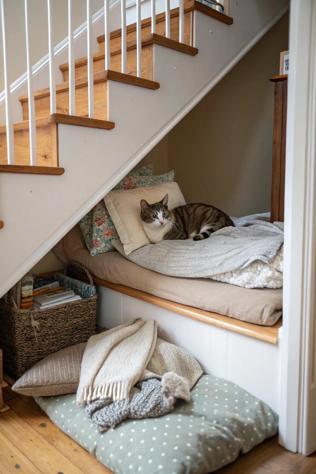 An ingenious under-stair alcove for secretive cats.