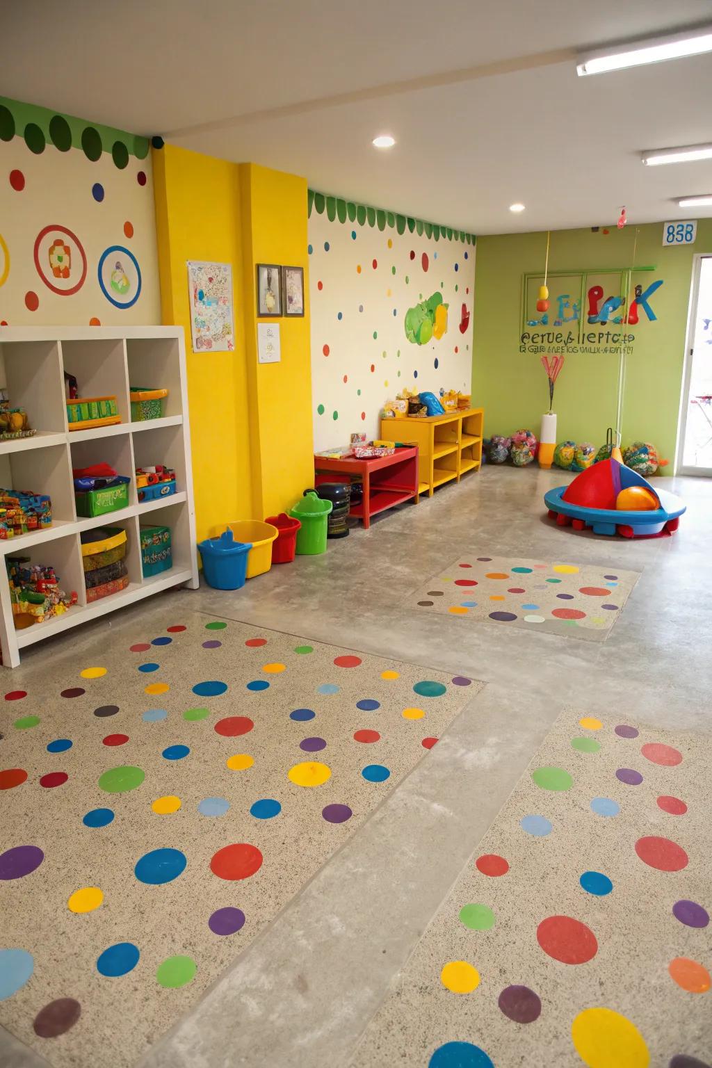 Playful polka dots on a concrete floor infuse a cheerful ambiance into this children's playroom.