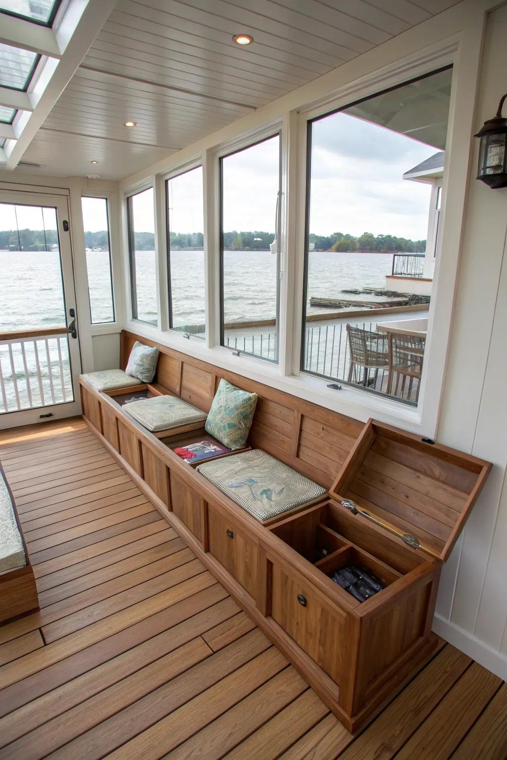 Integrated benches offer storage and seating on this indoor deck.