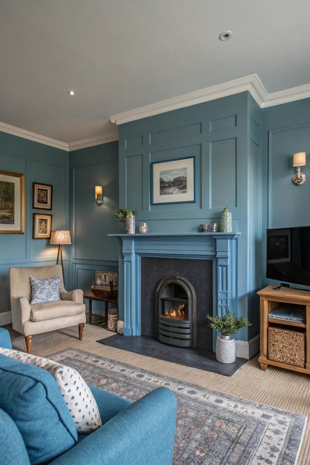 A living area featuring a single-hue indigo fireplace with matching walls, crafting a unified aesthetic.