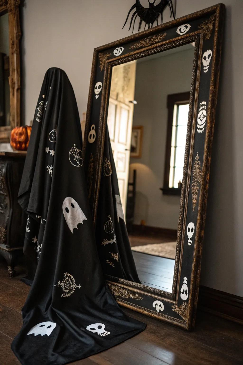 A mystical reflective surface showcase tailored for Halloween.