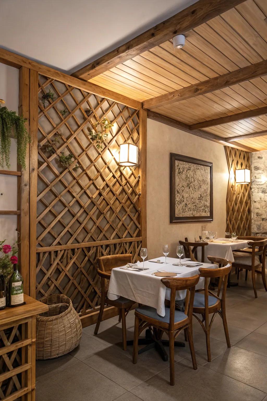 Timber lattice detail infusing geniality into a countryside-themed dining area.