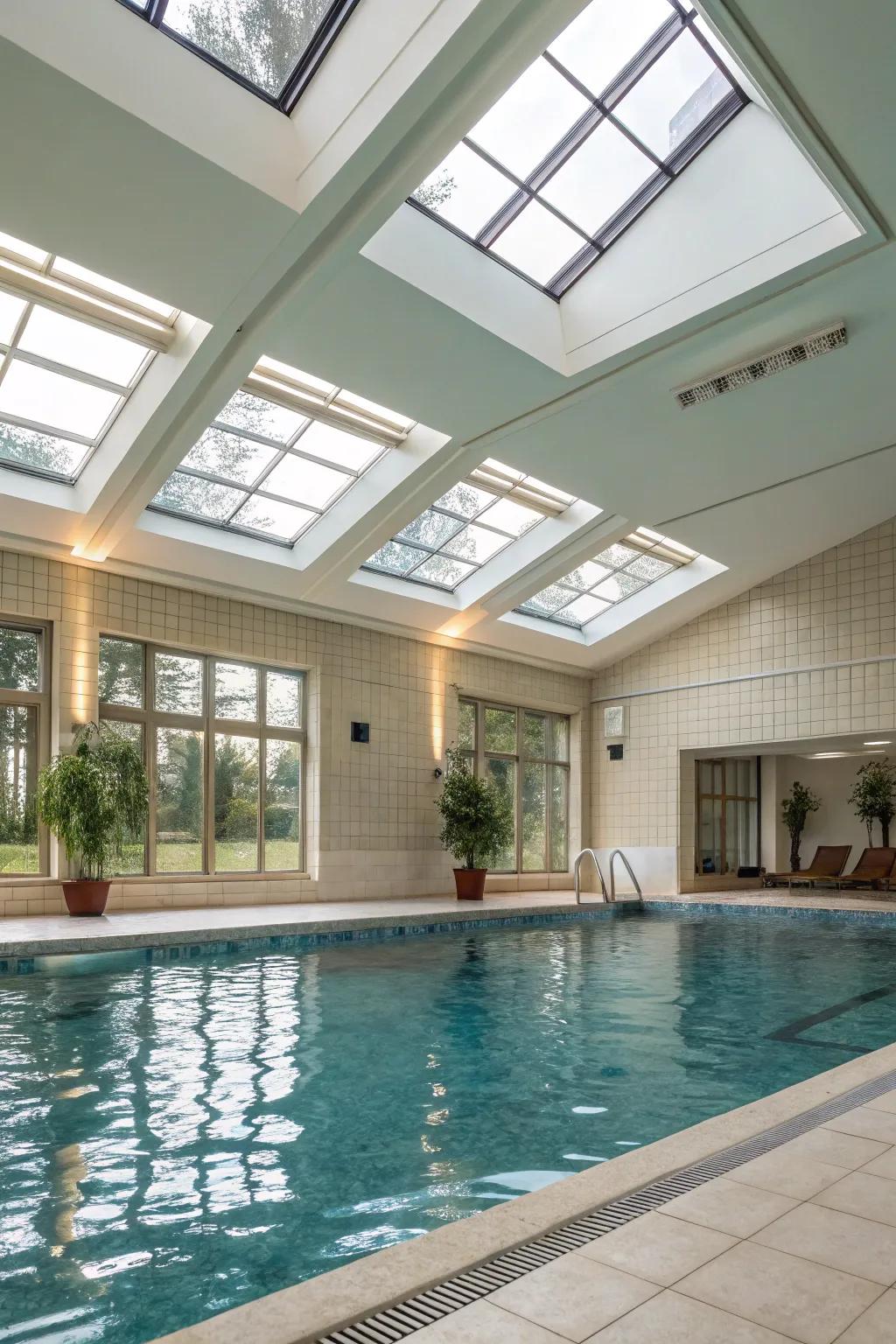An indoor pool bathed in natural illumination from skylights